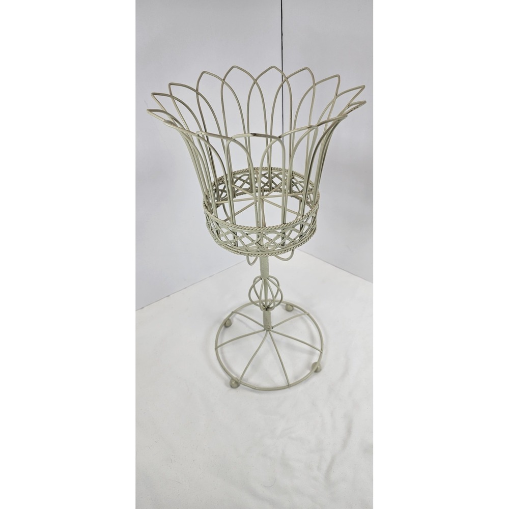 Vintage Mid Century White Wire Plant Stand Boho Flower Basket Pedestal 16" H